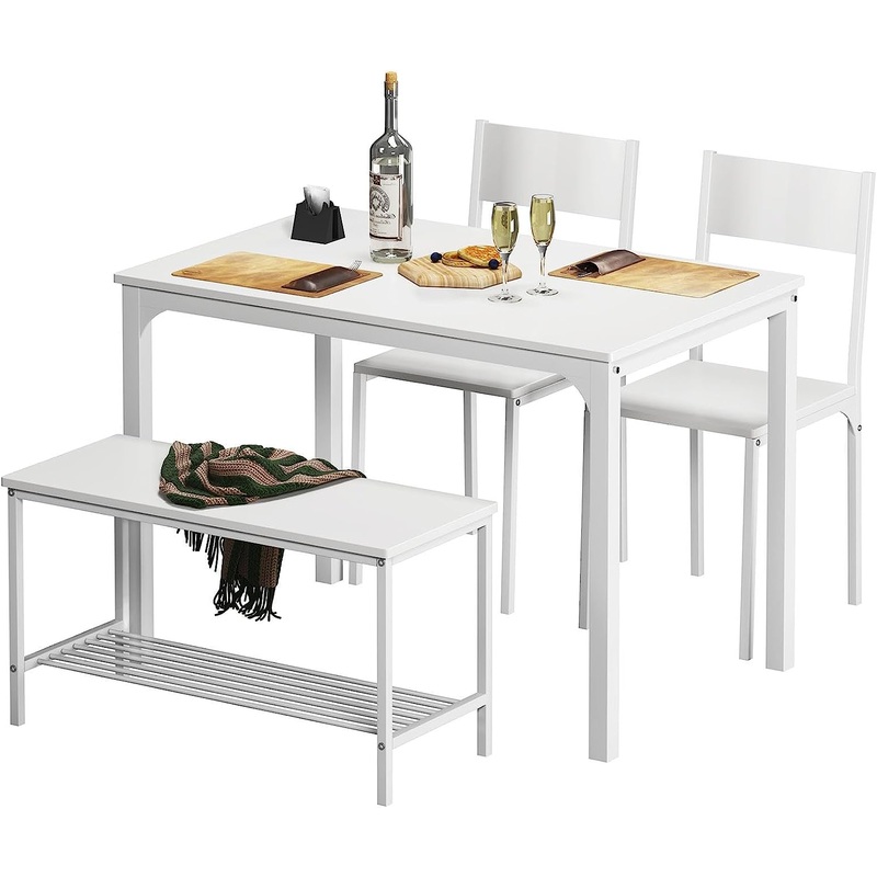 soges 4 Person Dining Table Set,43.3 inch Kitchen Table Set for 4,2 Chairs with Backrest,2-Person Bench with Storage, White Rack,Nesting Furniture Set for Dining Room and Restaurant, White