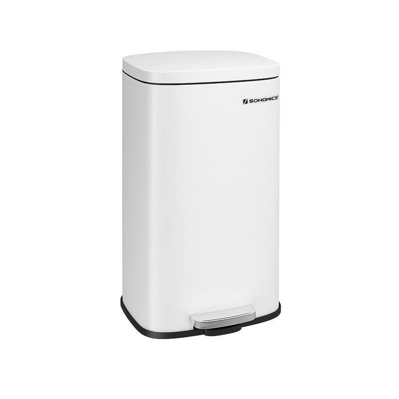 SONGMICS 8-Gallon Trash Can, Stainless Steel, with Hinged Lid, Plastic Inner Bucket, Soft Closure, Odor Proof, Hygienic, White