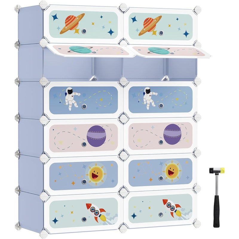 SONGMICS Kids Shoe Rack with Doors, 12-Slot Stackable Storage Organizer, Plastic Wardrobe, Toys, Books, Clothes, 12.2 x 31.9 x 41.7 Inches, Cloud White ULPC907W01