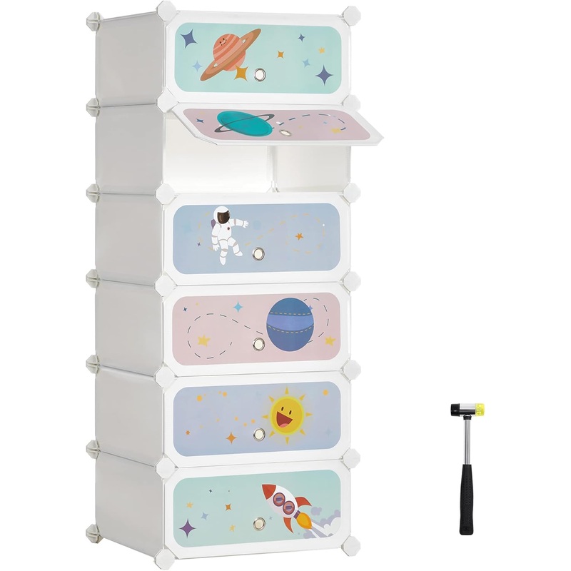 SONGMICS Kids Shoe Rack with Doors, 6-Slot Stackable Storage Organizer, Plastic Wardrobe, Toys, Books, Clothes, 12.2 x 16.9 x 41.3 Inches, Cloud White ULPC904W01