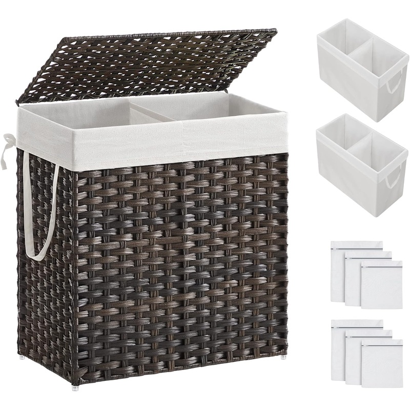 SONGMICS Laundry Hamper with Lid, 130L Clothes Hamper with 2 Removable Liner Bags and 6 Mesh Bags, Wicker Laundry Basket, Double Laundry Hamper for Bathroom, 13 x 26 x 23.6 Inches, Brown ULCB253K01