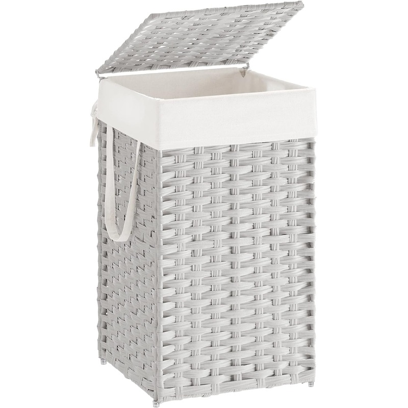 SONGMICS Laundry Hamper with Lid, 17.2 Gallon (65L) Synthetic Rattan Clothes Laundry Basket with Lid and Handles, Foldable, Removable Liner, Brown ULCB165K01