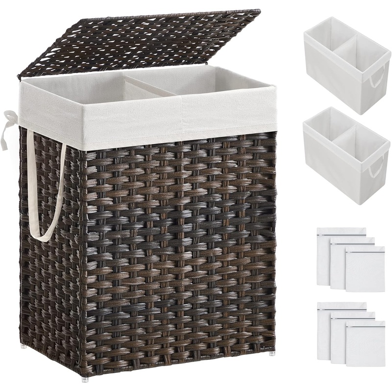 SONGMICS Laundry Hamper with Lid, 90L Clothes Hamper with 2 Removable Liner Bags & 6 Mesh Bags, Wicker Laundry Basket, Double Laundry Hamper for Bathroom, 13 x 18.1 x 23.6 Inches, Brown ULCB251K01V1