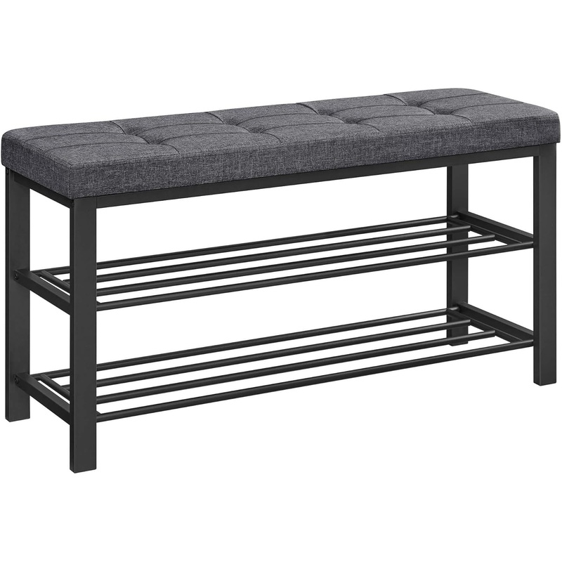 SONGMICS Shoe Bench, 3-Tier Shoe Rack for Entryway, Storage Organizer with Foam Padded Seat, Linen, Metal Frame, for Living Room, Hallway, 12.2 x 39.4 x 19.3 Inches, Dark Gray and Black ULBS579B33