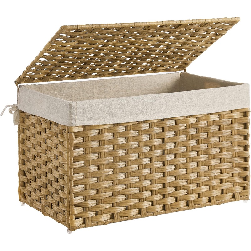 SONGMICS Storage Basket with Lid, 17.2 Gallon (65L) Storage Bin, Woven Blanket Storage Basket with Handles, Foldable, Removable Liner, Metal Frame, for Bedroom, Laundry Room, Brown URST56BR