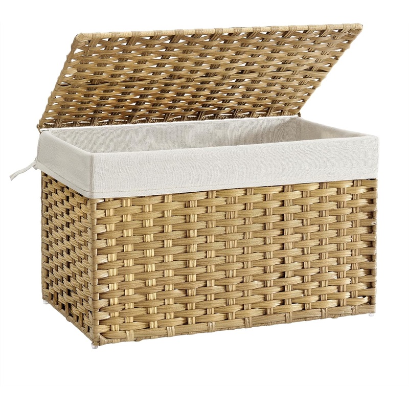 SONGMICS Storage Basket with Lid, 27.7 Gallon (105L) Storage Bin, Woven Blanket Storage Basket with Handles, Foldable, Removable Liner, Metal Frame, for Bedroom, Laundry Room, Brown URST066K01