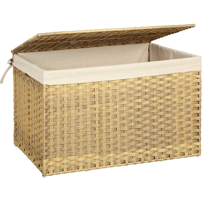 SONGMICS Storage Basket with Lid, 42.3 Gallon (160L) Storage Bin, Woven Blanket Storage Basket with Handles, Foldable, Removable Liner, Metal Frame, for Bedroom, Laundry Room, Brown URST76BR