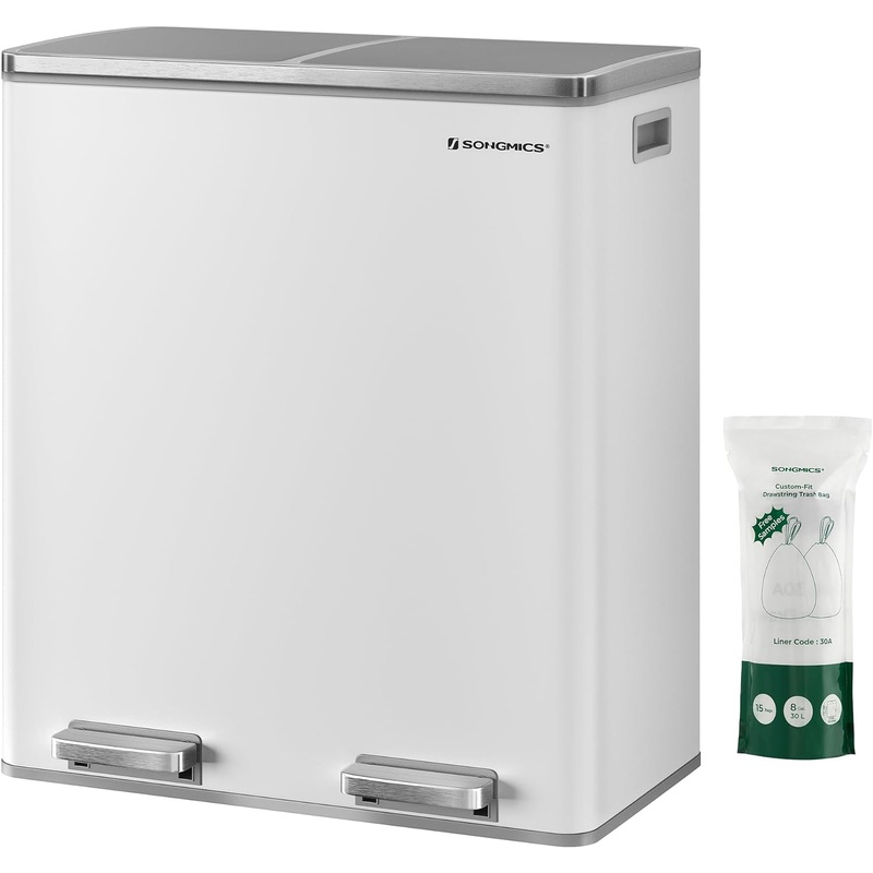SONGMICS Trash Can, 2 x 8-Gallon Garbage Can for Kitchen, with 15 Trash Bags, 2 Compartments, Plastic Inner Buckets and Hinged Lids, Airtight, Greenish-Gray ULTB60GS