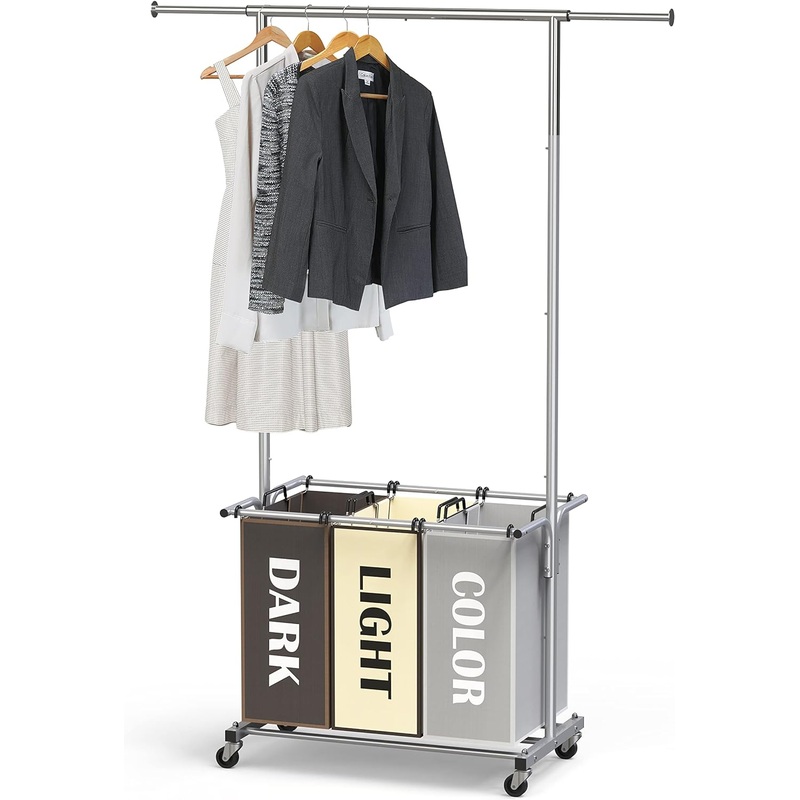 Simple Houseware Garment Rack with 3 Bag Laundry Sorter, Multi Color