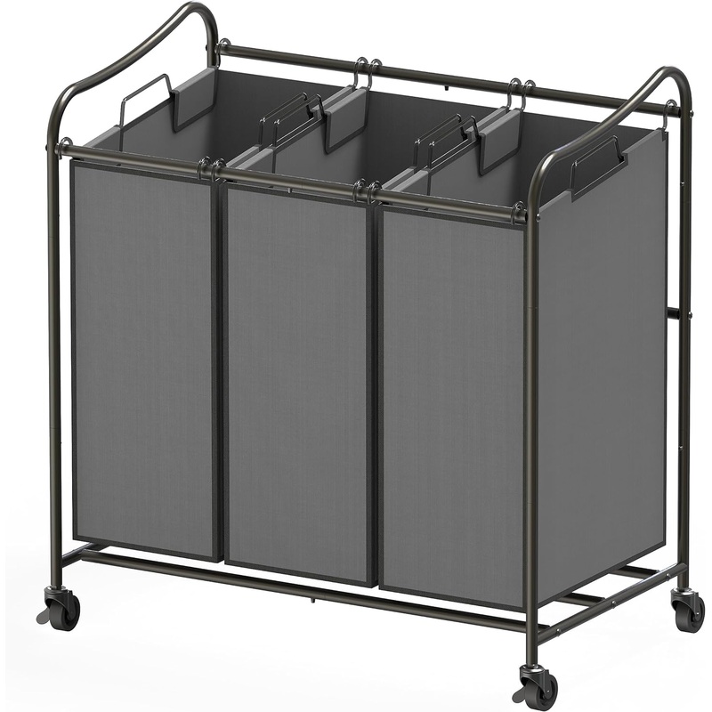 Simple Houseware Heavy Duty 3-Bag Laundry Sorter Rolling Cart, Dark Grey