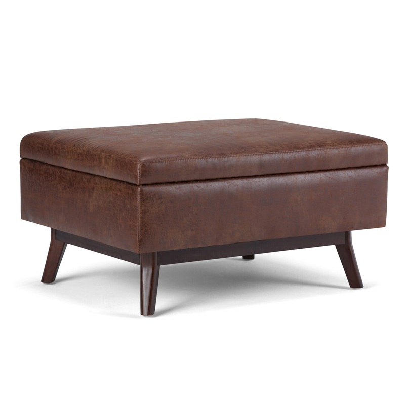 Simpli Home Owen 34 inch Wide Mid Century Modern Rectangle Coffee Table Storage Ottoman-Color:Distressed Saddle Brown,Fabric:Faux Air Leather