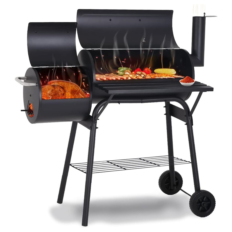 SKONYON Outdoor Portable BBQ Charcoal Grill with Offset Smoker, Black