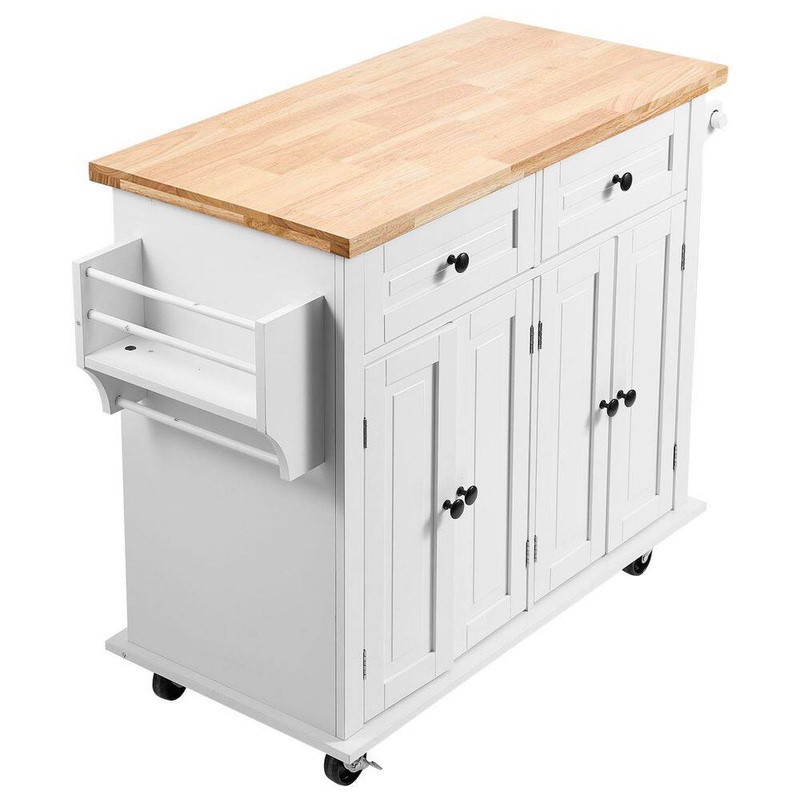 SKYSHALO Kitchen Island Cart with Solid Natural Wood Top, 35.4 in. W Mobile Carts with Storage Cabinet, Rolling, White