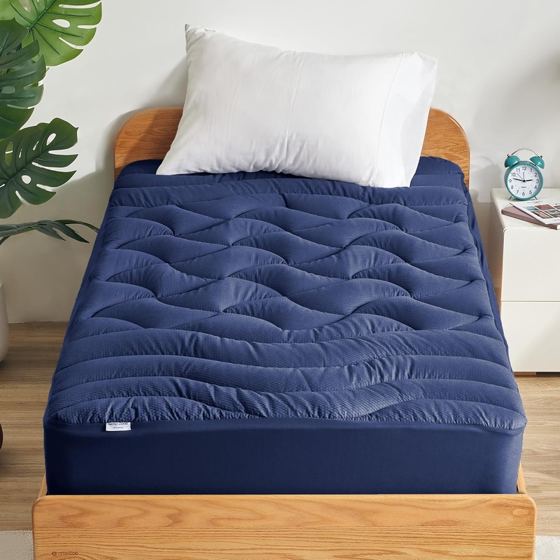SLEEP ZONE Cooling Twin Mattress Topper, Premium Zoned Cool Mattress Pad Cover, Padded Mattress Protector Breathable Washable, Deep Pocket 8-21 (Navy, Twin)