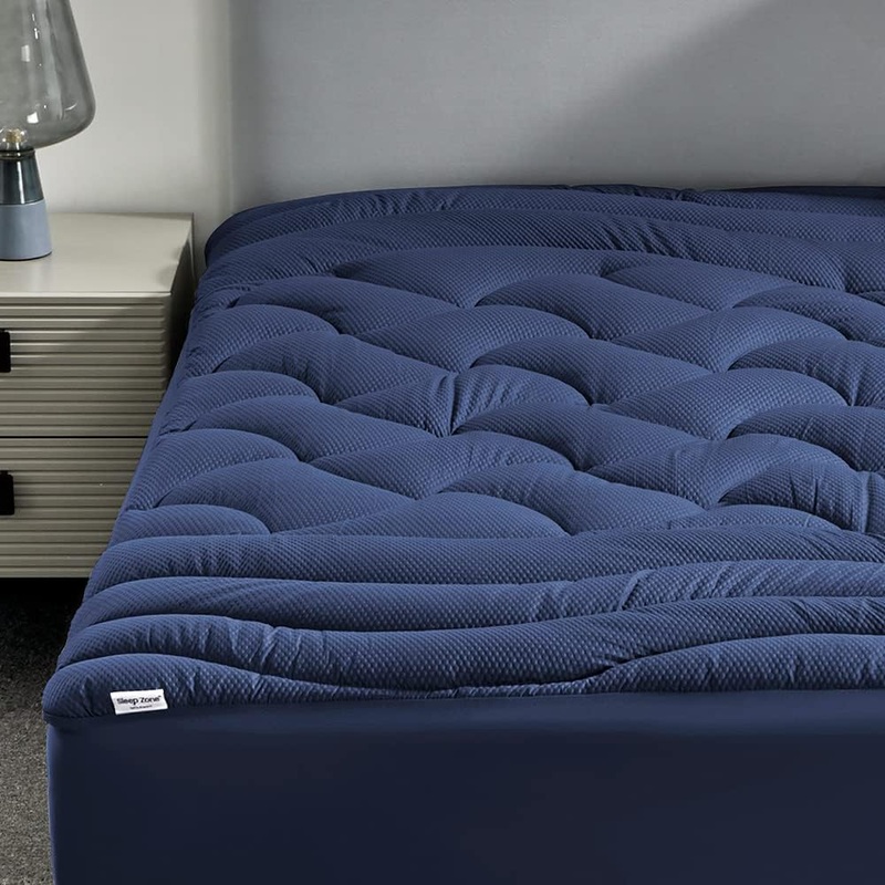 SLEEP ZONE Full Size Cooling Mattress Topper, Premium Zoned Cool Mattress Pad Cover, Padded Mattress Protector Breathable Washable, Deep Pocket 8-21 (Navy, Full)