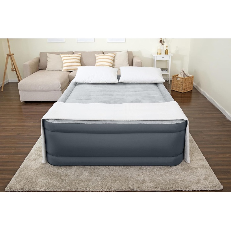 SleepLux Queen Air Mattress | Supersoft Snugable Top, Extra Durable Tough Guard with Built-in Pillow | Raised 22 Airbed with Built in Pump + USB Charger, Grey (69093E)