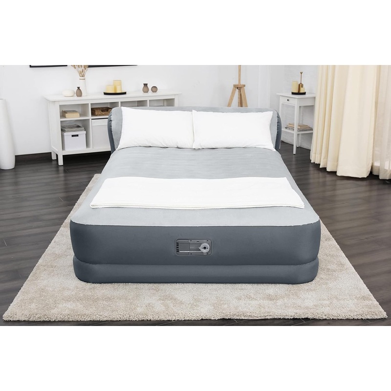 SleepLux Queen Air Mattress with Headboard | Supersoft Snugable Top, Extra Durable Tough Guard | Raised Airbed with Built in Pump + USB Charger (90x60x29) Grey