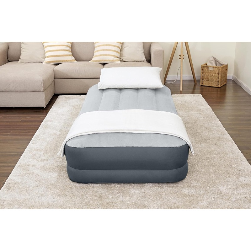 SleepLux Twin Air Mattress Supersoft Snugable Top Extra Durable Tough Guard with Built-in Pillow Raised 15 Airbed with Built in Pump + USB Charger Twin 15, Small, Grey