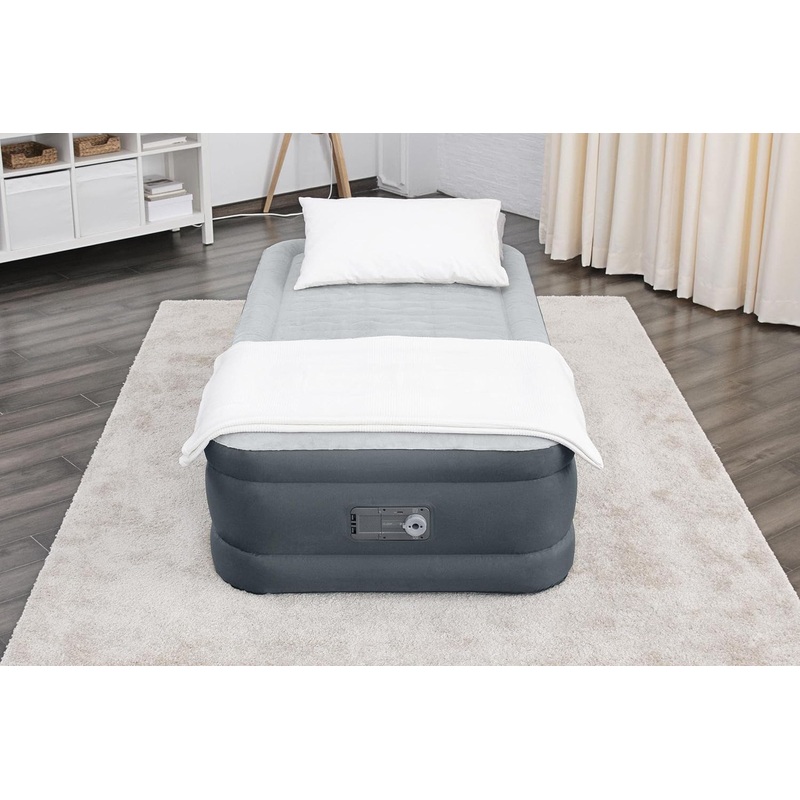 SleepLux Twin Air Mattress | Supersoft Snugable Top, Extra Durable Tough Guard with Built-in Pillow | Raised 18 Airbed with Built in Pump + USB Charger (69086E) , Grey