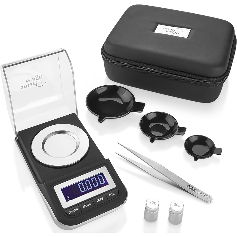 Smart Weigh 50g x 0.001 Grams, Premium High Precision Digital Milligram Scale, Includes Tweezers, Calibration Weights,Three Weighing Pans and Case