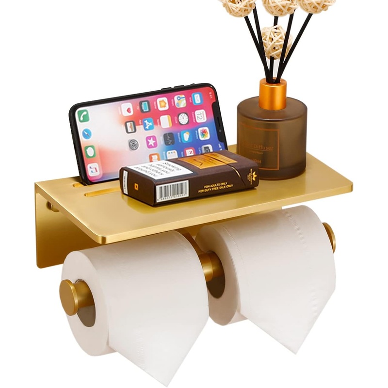 Smarthome Double Toilet Paper Holder with Shelf, Commercial Toilet Paper Roll Dispenser Wall Mount with Cell Phone Storage Rack, Aluminium Fits Mega Roll Dual Toilet Paper Tissue Holder Brushed Gold