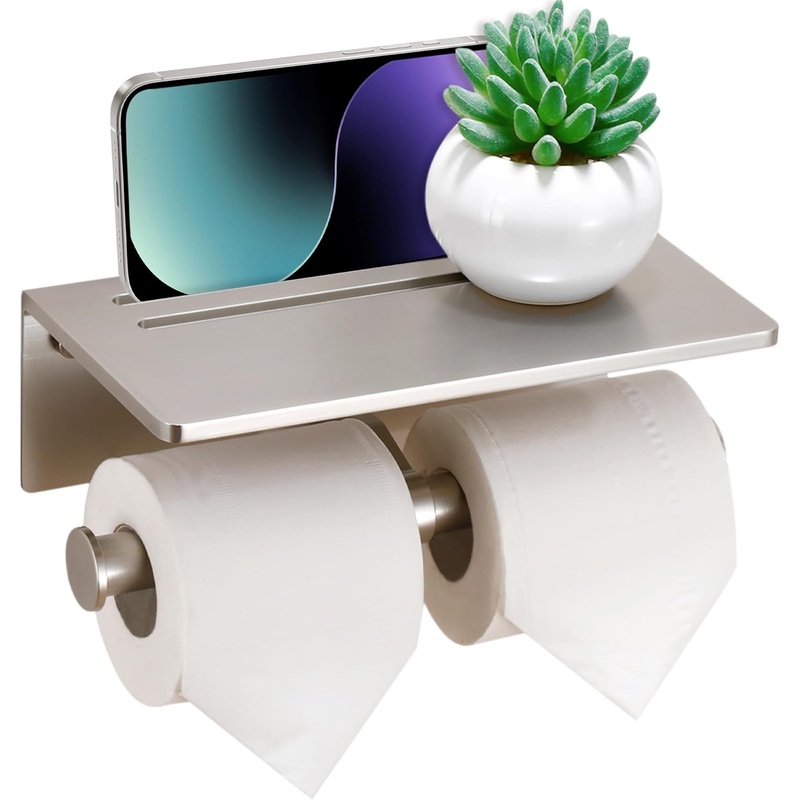 Smarthome Toilet Paper Holder  Aluminium Double Roll Toilet Tissue Holder with Mobile Phone Shelf for Bathroom, 3M Self Adhesive No Drilling or Wall-Mounted with Screws, Rustproof Modern Style Black