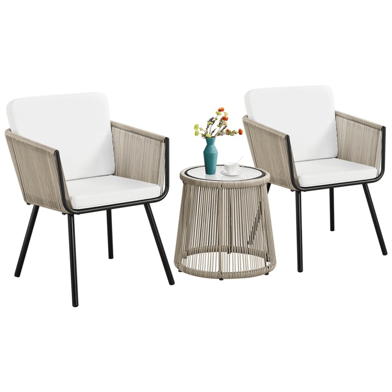 SMILE MART 3-Piece Outdoor Metal Frame Wicker Bistro Set 2 Chairs and Tempered Glass Top Side Table, Tan