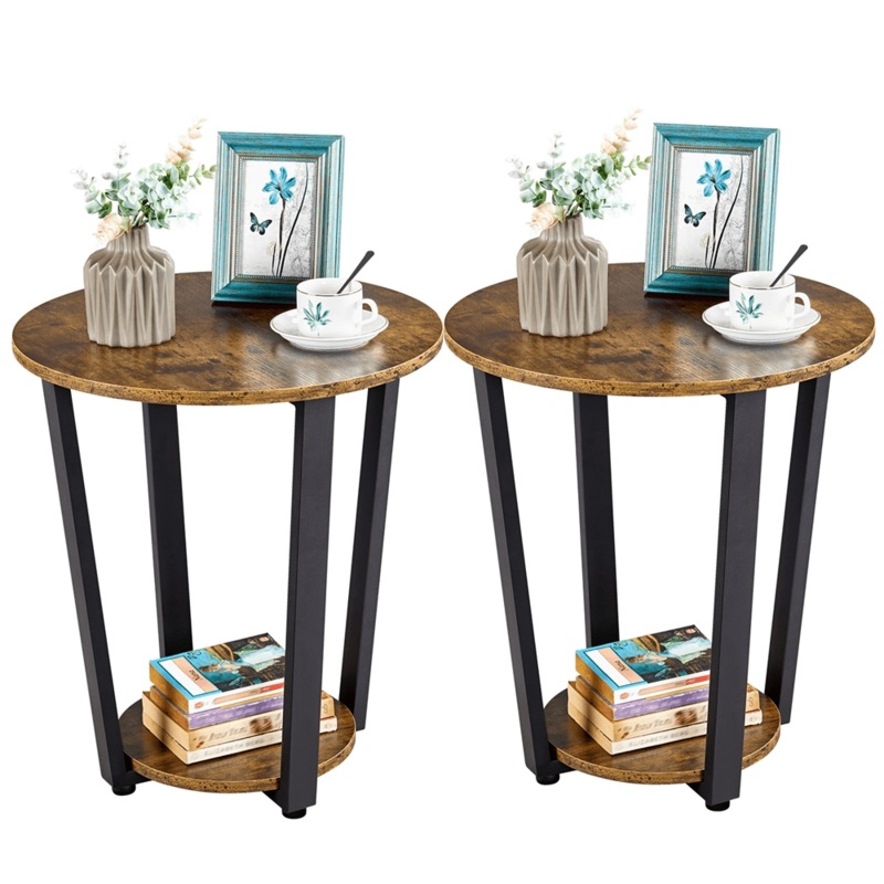 SMILE MART Metal Side Table Industrial Round End Table with Storage Rack, Set of 2, Brown