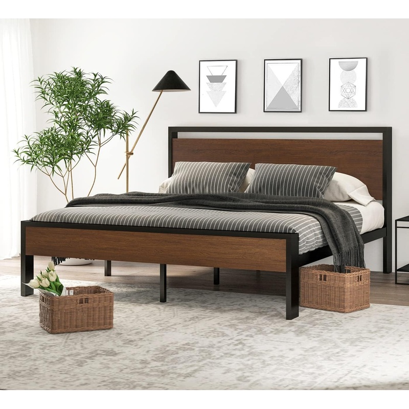 SHA CERLIN 14 Inch King Size Metal Platform Bed Frame with Wooden Headboard and Footboard, Mattress Foundation, No Box Spring Needed, Large Under Bed Storage, Walnut