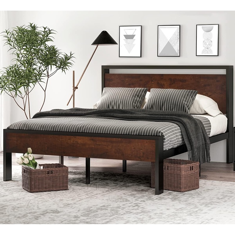 SHA CERLIN 14 Inch Queen Size Metal Platform Bed Frame with Wooden Headboard and Footboard, Mattress Foundation, No Box Spring Needed, Large Under Bed Storage, Non-Slip without Noise, Walnut
