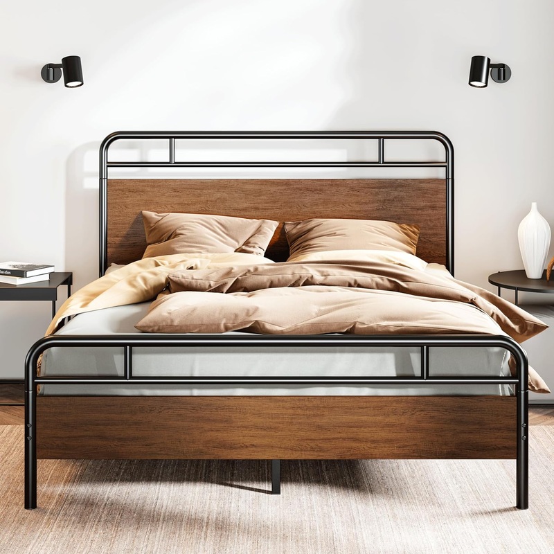SHA CERLIN Full Size Bed Frame with Wooden Headboard and Footboard, Rounded Corner Metal Frame, Heavy Duty Platform Bed with Under Bed Storage, No Box Spring Needed, Mahogany
