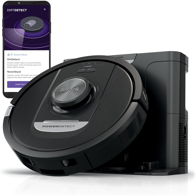 Shark PowerDetect Self-Empty Robot Vacuum with NeverStuck Technology, Auto Deep-Clean Carpets & Hardfloors, 30 Day Capacity HEPA Bagless Base, for Pet Hair, WiFi Black, AV2820S
