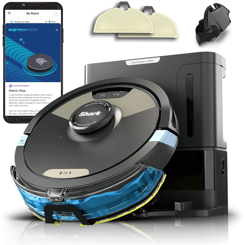 Shark Robot Vacuum & Mop Combo, Powerful Suction, Matrix Plus, 60-Day Debris Capacity, HEPA Bagless Self Empty Base, Sonic Mopping, Home Mapping for Pet Hair  Carpets & Hardfloor, AV2610WA