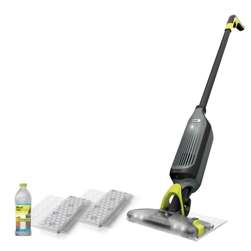 SharkCordless Wet/Dry Stick Vacuum, Features headlights and 2 disposable pads, 12-oz. of cleaner.