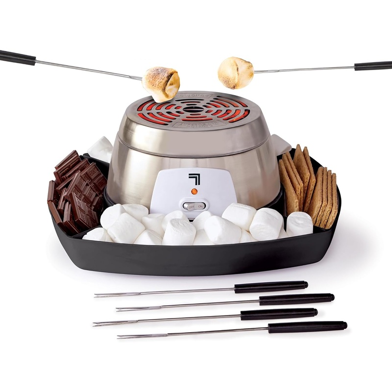 SHARPER IMAGE Electric Smores Maker 8-Piece Kit, 6 Skewers & Serving Tray, Small Kitchen Appliance, Flameless Tabletop Marshmallow Roaster, Date Night Fun Kids Family Activity
