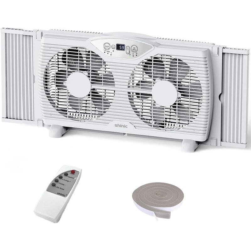 shinic Twin Window Fan with Remote, 9-Inch Blades Reversible Airflow, Thermostat Control, 3 Speeds, 3 Functions, 23.8-37 Expandable Width, Window Exchaust Fans for Home Bedroom, ETL Certified
