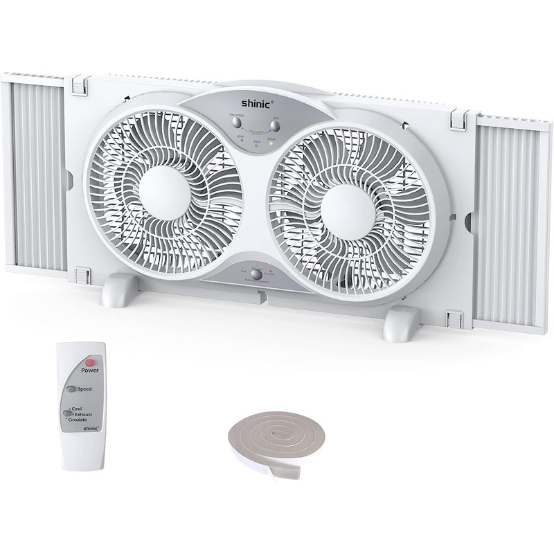 shinic Window Fan with Reversible Airflow Quiet, Twin 9 Blades, Full Remote Control, 3 Functions-3 Speeds, Bathroom Kitchen Window Exhaust Fan, Width Adjustable (From 24 to 37) ETL Certified