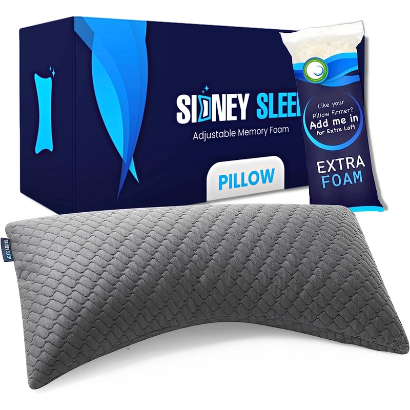 Sidney Sleep Bed Pillow for Side and Back Sleepers  Adjustable Filling  Memory Foam Pillow for Neck and Shoulder Pain  Customizable Loft  King Size  Additional Foam Bag Included (King, Grey)
