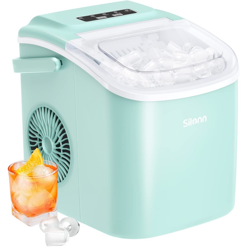 Silonn Countertop Ice Maker, 9 Cubes Ready in 6 Mins, 26lbs in 24Hrs, Self-Cleaning Ice Machine with Ice Scoop and Basket, 2 Sizes of Bullet Ice for Home Kitchen Office Bar Party, Black (SLIM09)