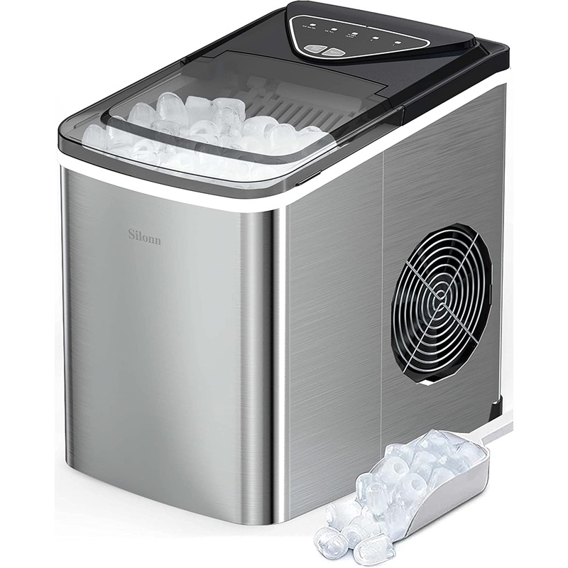 Silonn Ice Makers Countertop, 9 Cubes Ready in 6 Mins, 26lbs in 24Hrs, Self-Cleaning Ice Machine with Ice Scoop and Basket, 2 Sizes of Bullet Ice for Home Kitchen Office Bar Party (Black)