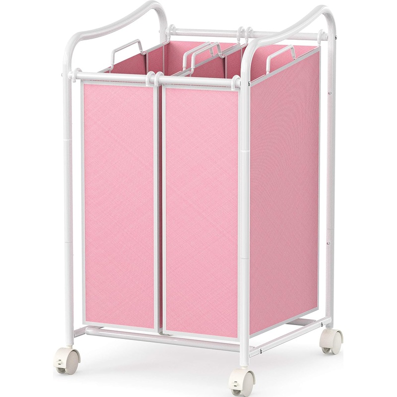 Simple Houseware 2-Bag Heavy Duty Rolling Laundry Sorter Cart, White/Pink
