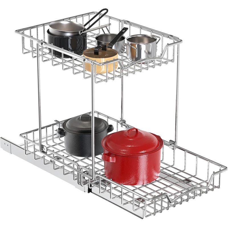 Simple Houseware 2-Tier (L+L) Organizer Pull Out Under Cabinet Sliding Shelf, Chrome