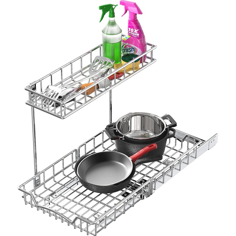 Simple Houseware 2-Tier (L+M) Organizer Pull Out Under Cabinet Sliding Shelf, Chrome
