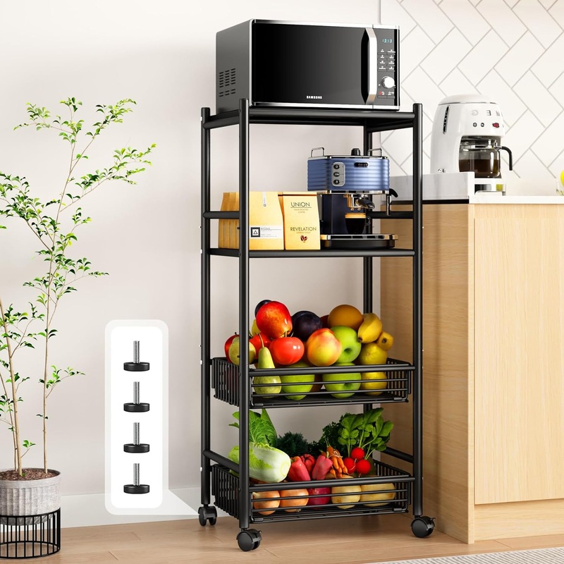 SAYZH Microwave Stand Kitchen Cart  Bakers Rack Microwave Shelf with Storage, Coffee Standing Fruit Vegetable Basket Cart