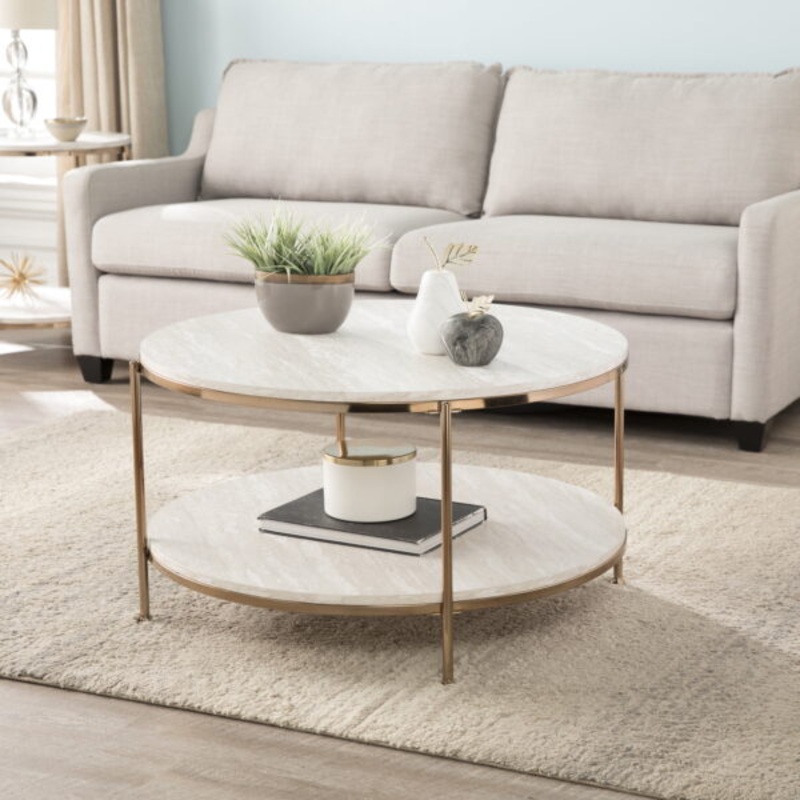 SEI Ojana Modern Metal and Faux Travertine 2 Tier Round Coffee Table, White