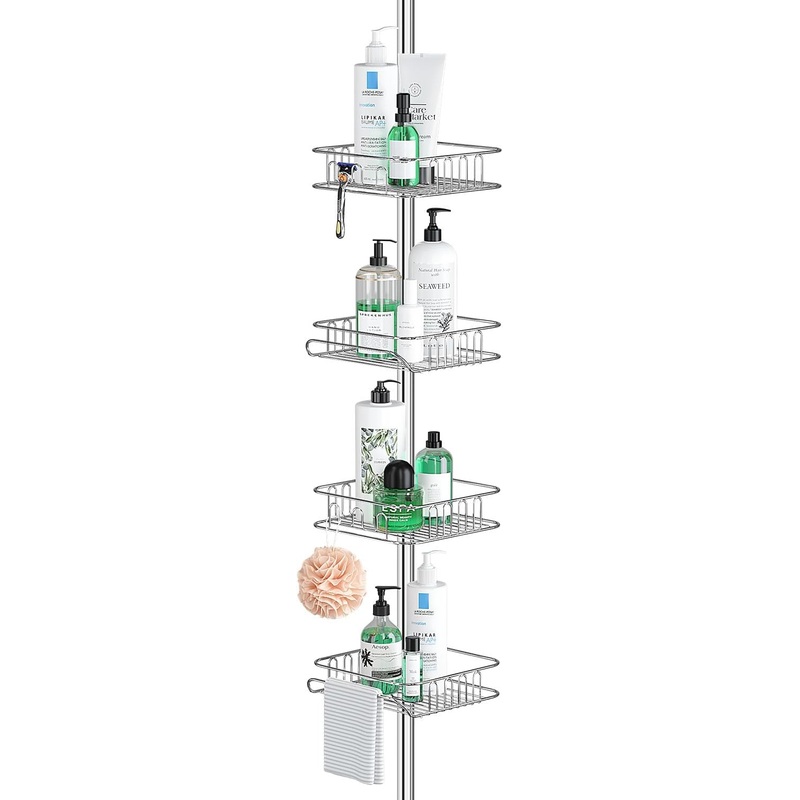 SEIRIONE Rustproof Shower Caddy Corner and Shower Organizer Corner for Bathroom,Corner Shower Caddy Tension Pole with 4 Adjustable Baskets for Shower Accessories, 61.3 to 113 Inch Height, Stainless