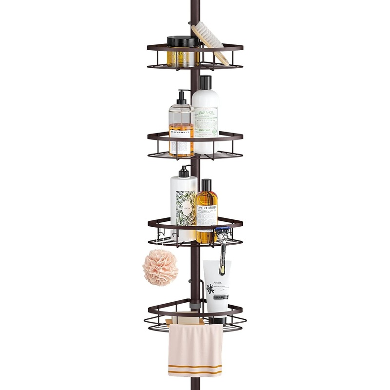 SEIRIONE Rustproof Shower Corner Caddy Organizer for Bathroom,Tension Pole with 4 Baskets, for Bathtub Storage Rack,39.2 to 113 Inch Height, Bronze