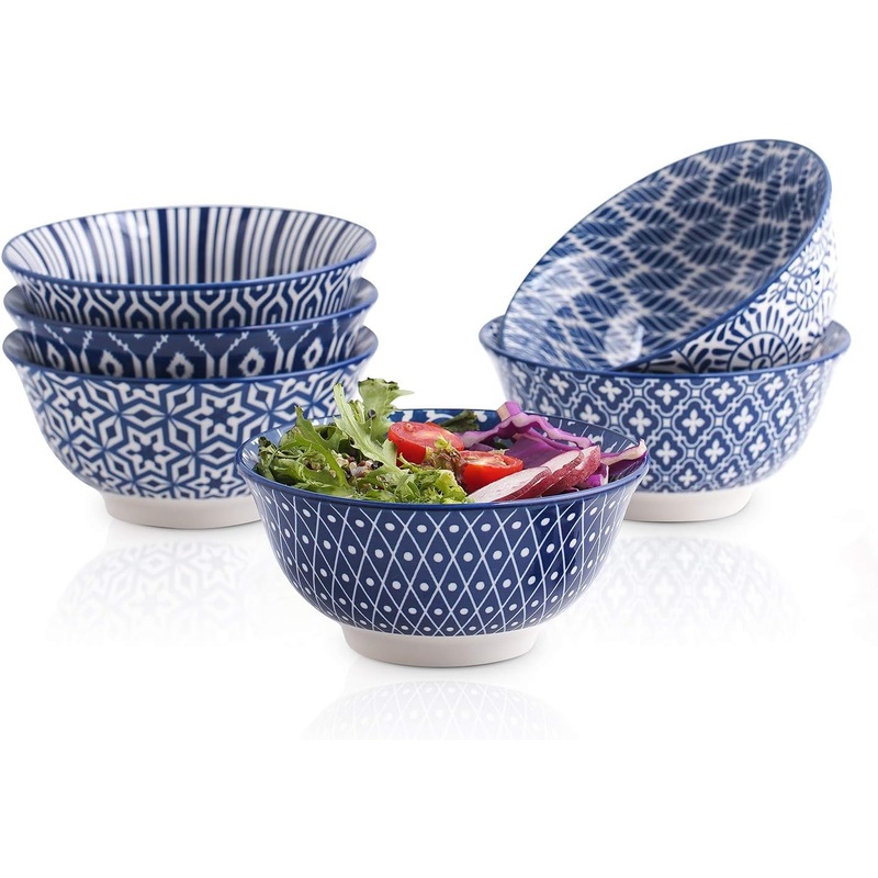 Selamica 7 inches Porcelain Cereal Bowl Set  Set of 6, Soup Bowls, Ceramic bowls for Cereal, Soup, Salad and Pasta, Vintage Blue