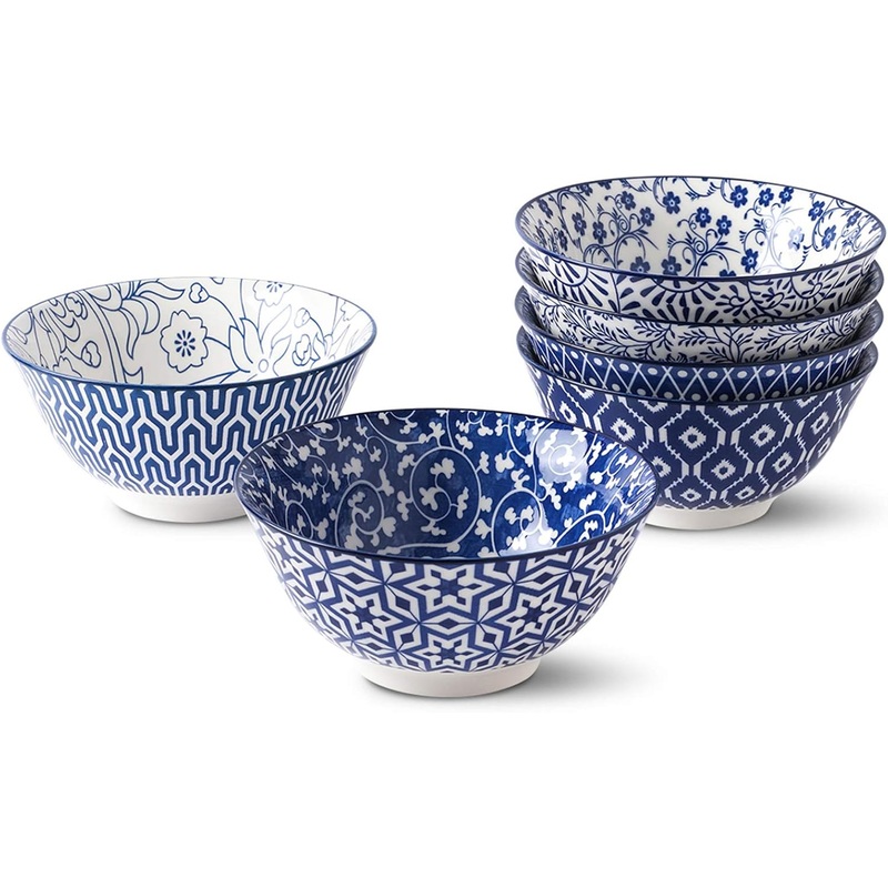 Selamica Blue and White Porcelain 20oz Cereal Bowl Set  Set of 6, 6 inch Soup Bowls, Ceramic bowls for Cereal, Soup, Salad and Pasta, Vintage Blue
