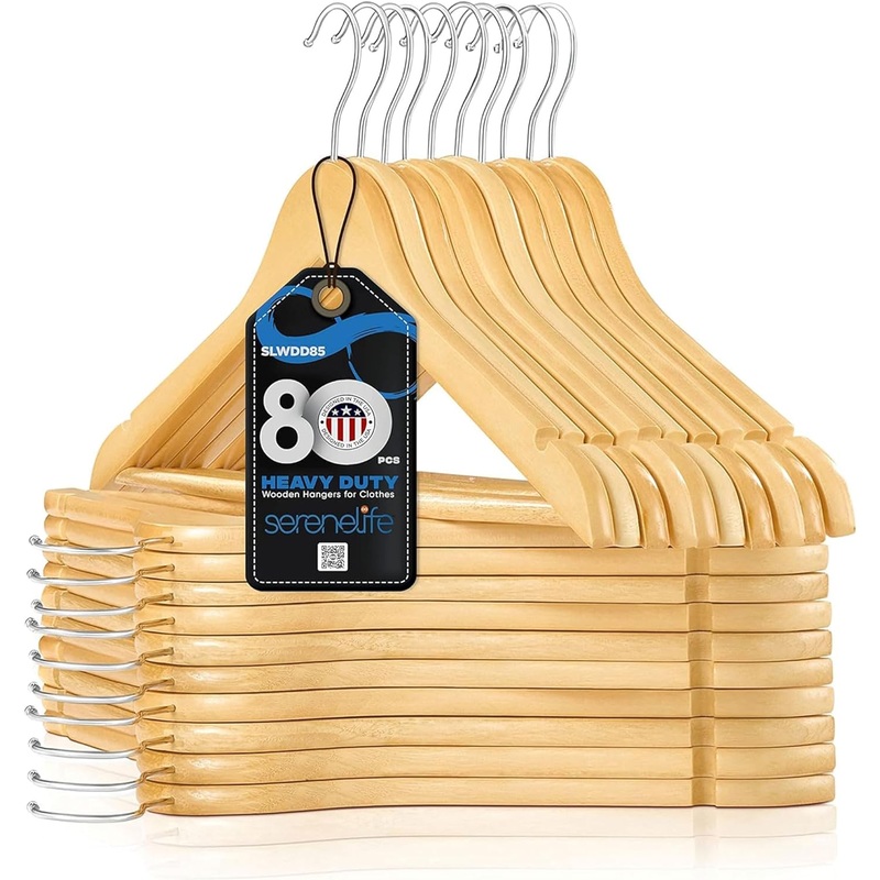 SereneLife Home Solid Wooden Hangers, Mega Pack, 80 Pieces Hangers for Clothes, Heavy Duty Suit Hanger Set with Chrome 360 Degree Swivel Hook, Notched Design, Natural Wood Color